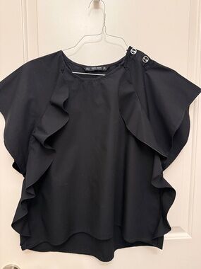 Zara Black Ruffle-Sleeve Button Shoulder Blouse